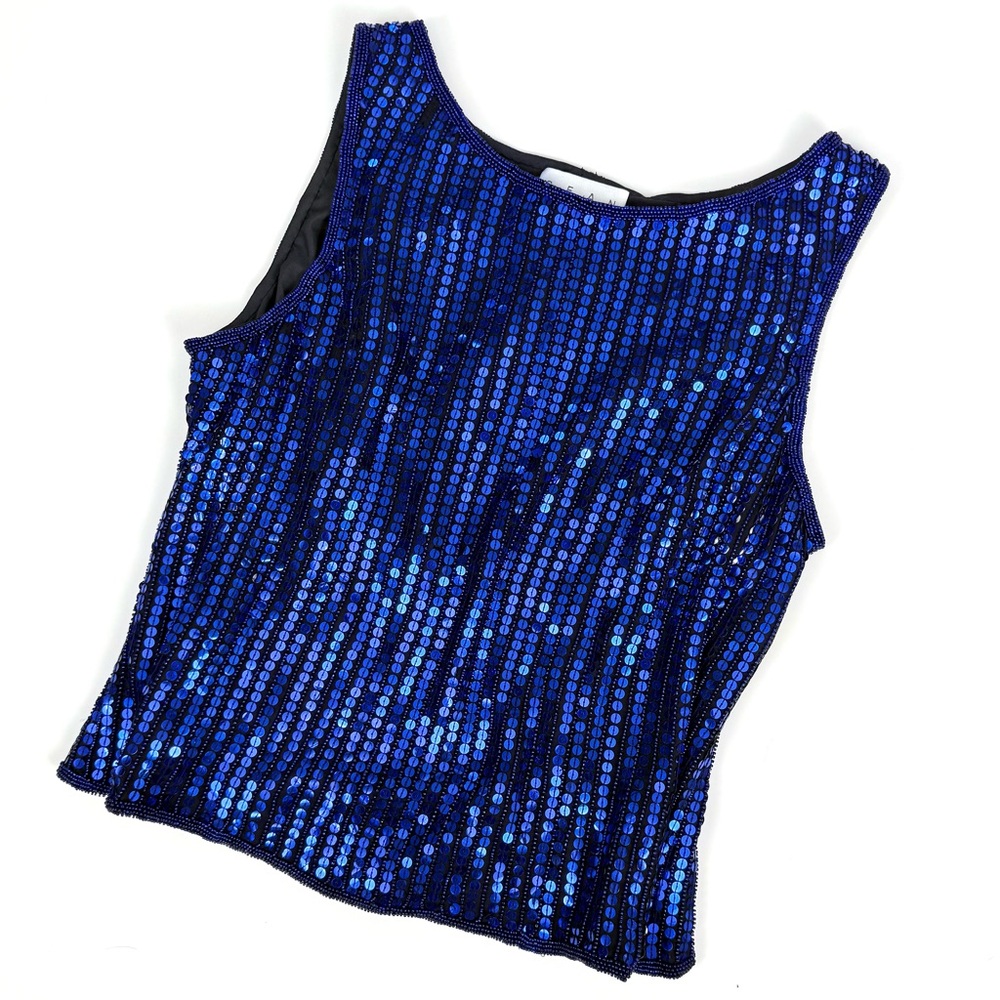 Vintage Sean Couture  Collection Silk Sequin Blue Sleeveless Top Shell Blouse L